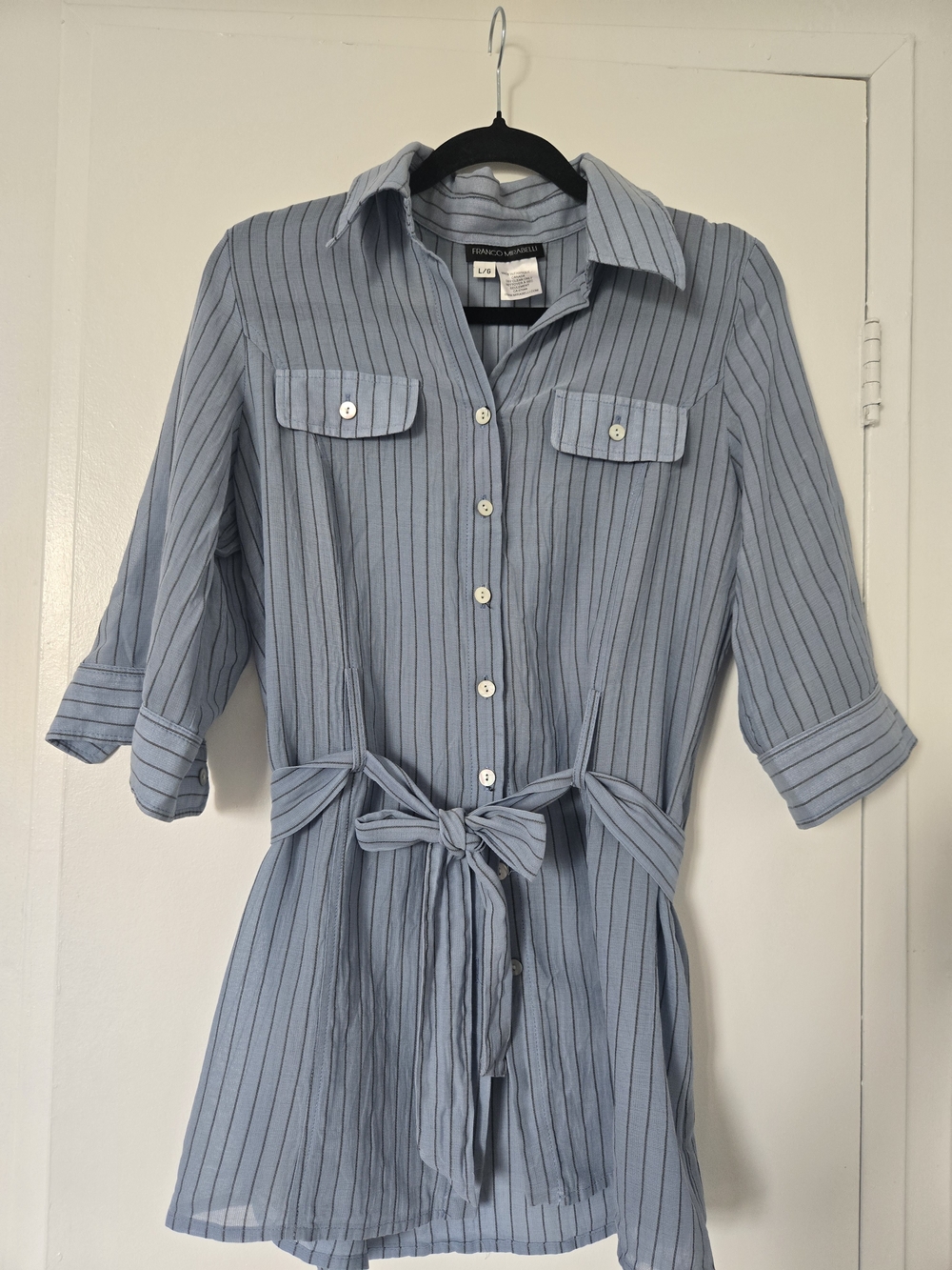 FRANCO MIRABELLI Sheer Light Blue Striped Shirt Mini Dress with Self-Tie Waist